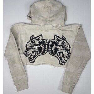 Cropped White Hoodie with Dual Wolf Graphic